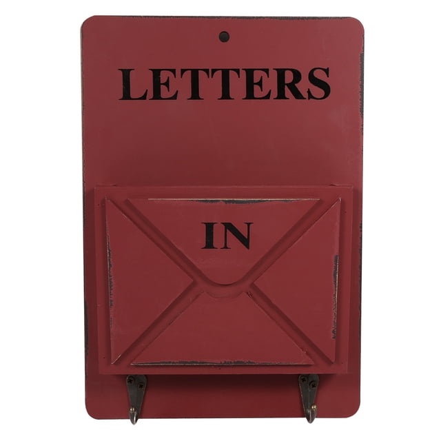 Letter Rack, Biuzi Durable Wood Mail Box Letter Rack Key Holder Wall Storage Creative Home Decoration with Hook Hanger(Red)