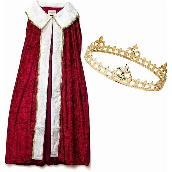 Sunnywood King's Cape and Crown Set, Red Cloak and Gold Metal Crown for Adult