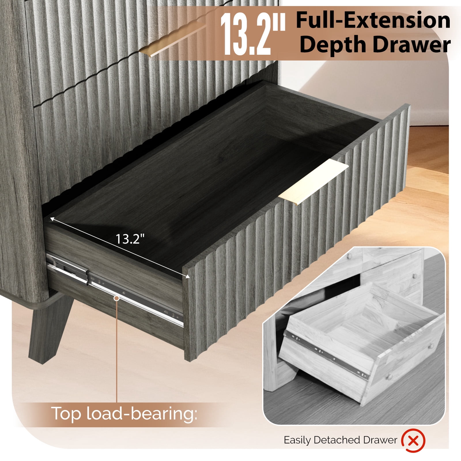 Ktaxon Fluted Tall 5 Drawer Dresser Solid Wood Chest of Drawers with Soft Close Slides Storage Cabinet for Bedroom Living Room Entryway Gray