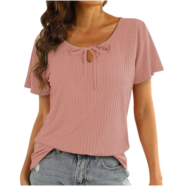 Vêtements d'Été pour Femmes Été Mode pour Femmes Col Rond à Lacets Manches Courtes Chemise de Couleur Unie T-Shirt Décontracté Hauts