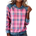 thumbnail image 2 of Women Long Sleeve Plaid Shirts Denim Collar Patchwork Stitching Sweatshirt Casual Tops, S, 2 of 4