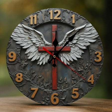 Wall Clock Decorative - Rustic Red Winged Cross Print 2D Vintage Wall Clocks Battery Operated Silent Non-Ticking for Bedroom, Living Room, Kitchen, Office, Classroom, 10 Inch