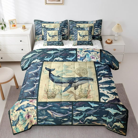 YST Whale 7 Pcs Comforter Set Full,Retro Nautical Theme Bedding Set,Marine Life Bed in a Bag,Colorful 3D Whales Patchwork Bed Set,Coastal Sea Animals Flat Fitted Sheet Ocean Park Theme