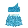 thumbnail image 3 of iixpin Kids Girls Sparkly Sequins Hip Hop Jazz Latin Dance Outfits Tiered Ruffle Crop Top with Skirted Shorts Set Sky Blue 14, 3 of 5