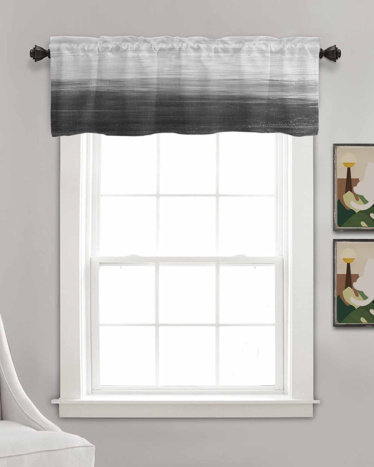Black Gray Kitchen Valances for Windows Farmhouse Linen Window Valance Curtain for Living Room Window Treatment Ombre Modern Oil Painting Aesthetics Abstract Art Valance Rod Pocket, 42 x 12 Inch
