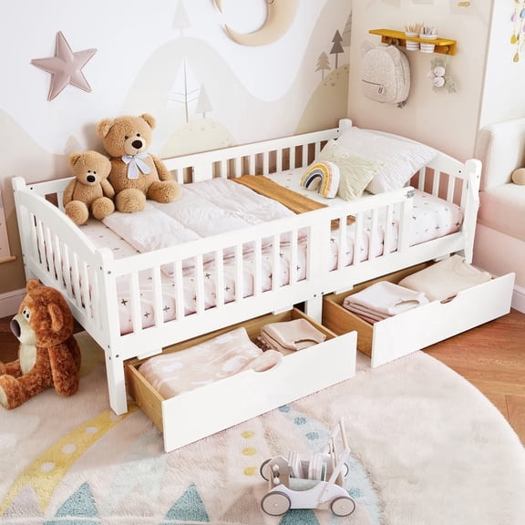 Bellemave Twin Montessori Bed with Storage Drawers and Guardrail, Wood Twin Size Low Profile Floor Bed Frame with Door, Daybed with Fence and Slat Support, White