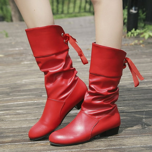 TUTUnaumb Winter Hot Sale Clearance Women'S Shoes Popularity Fashion Solid Color British Style Flat Bow Lacing High Boots for Party/Wedding/Leisure-Red