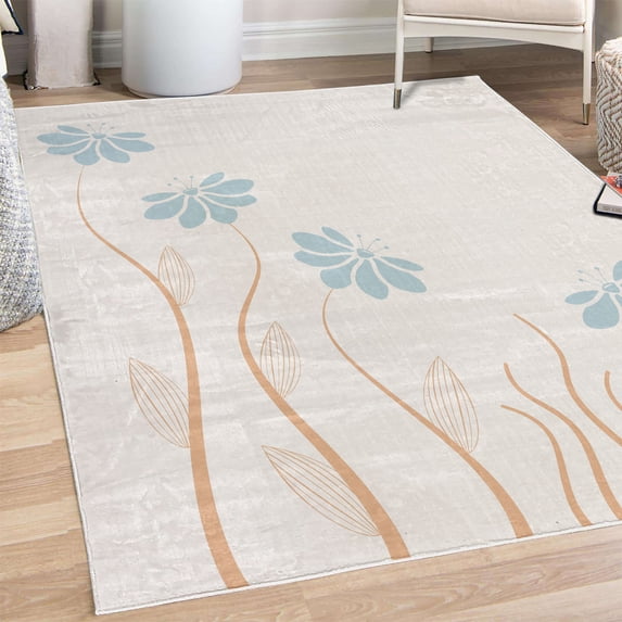 Flower Decorative Rug, Floral Petals with Striped Leaves and Lines Modern Style Geometrical Design Print, Quality Carpet for Bedroom Dorm and Living Room, 6 Sizes, Pale Blue, by Ambesonne
