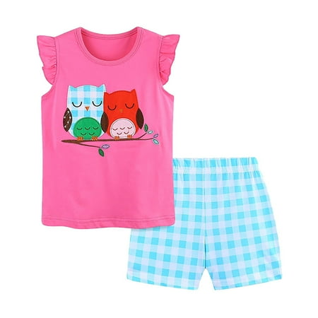 

QBGSAY Little Child Outfits Sets Kids Girls Summer Owls Cartoon Print Fly Sleeve T Shirt Tops And Plaid Shorts 2Pcs Outfits Clothes Set Children S Clothing Cute Clothes Set