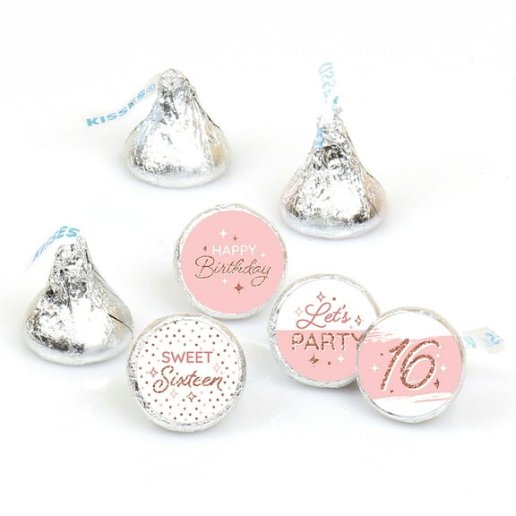 Big Dot of Happiness 16th Pink Rose Gold Birthday - Happy Birthday Party Round Candy Sticker Favors - Labels Fits Chocolate Candy (1 sheet of 108)