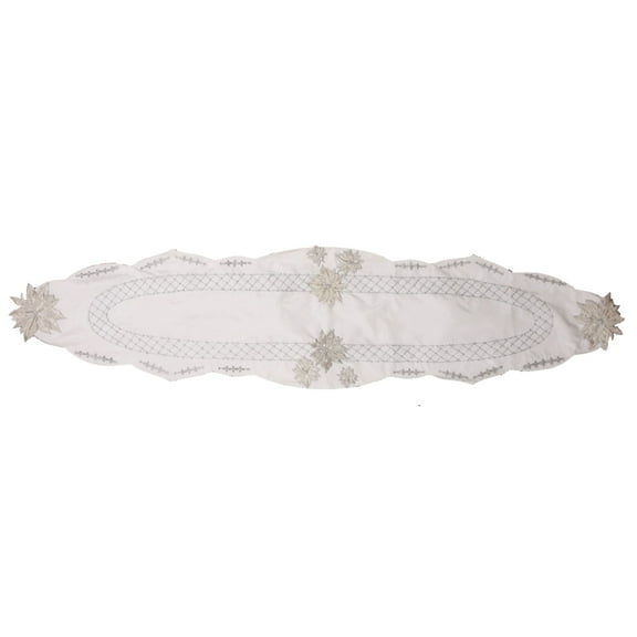 16" x 68" White Floral Hand Beaded Table Runner with Scallop Edge