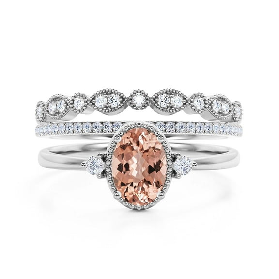 Beautiful Boho And hippie 2.35 Carat Oval Cut Morganite And Diamond Moissanite Engagement Ring, Wedding Ring, Two Matching Band in 10k Solid White Gold, Romanic Gift For Her, Promise Ring