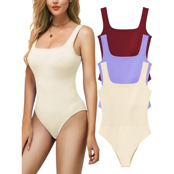 Ribbed Seamless Bodysuit for Women, Sleeveless Shapewear Tank Top for Tummy Control, Sexy Body Sculpting Suits 3 Pack