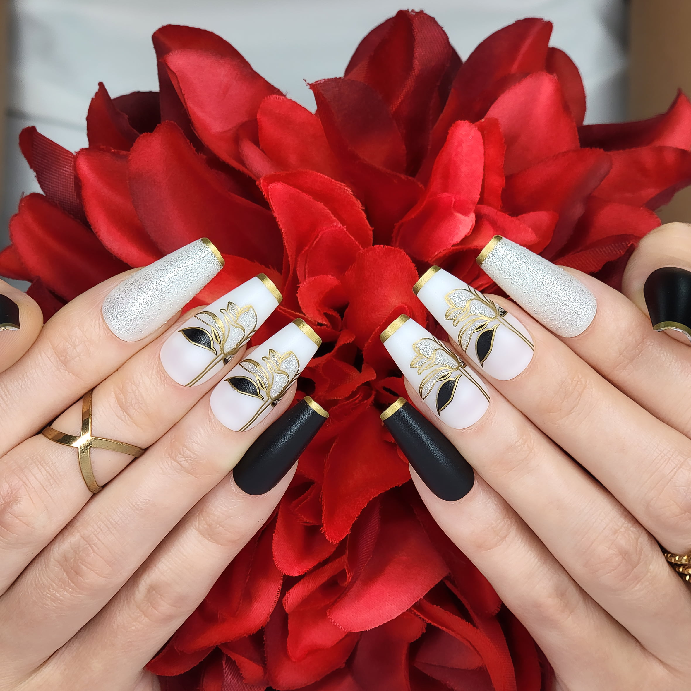 Gold black white Diamond rhinestone floral nails