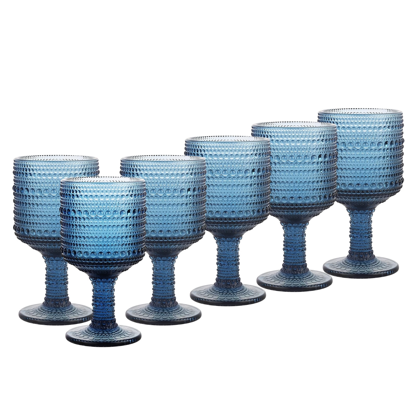 10 Oz Glass Wine Glasses, Set of 6 Stemmed Small Wine Glasses, 300ml Vintage Dot Relief Cups, Blue