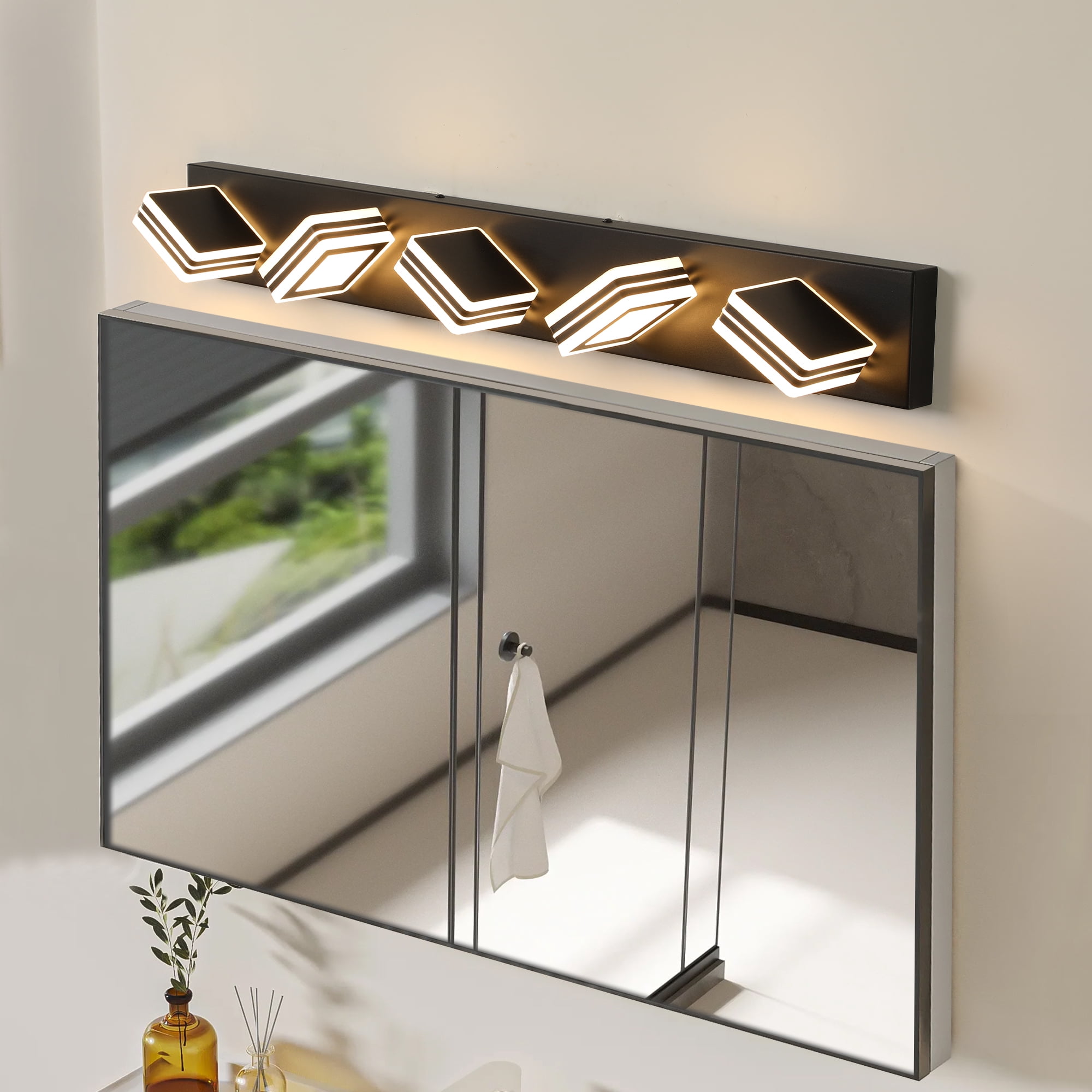 Leumius 34" Modern 5-Light LED Vanity Light, Square Acrylic Lampshades Wall Mount Fixture for Mirror, Bathroom, Bedroom and Hallway Black