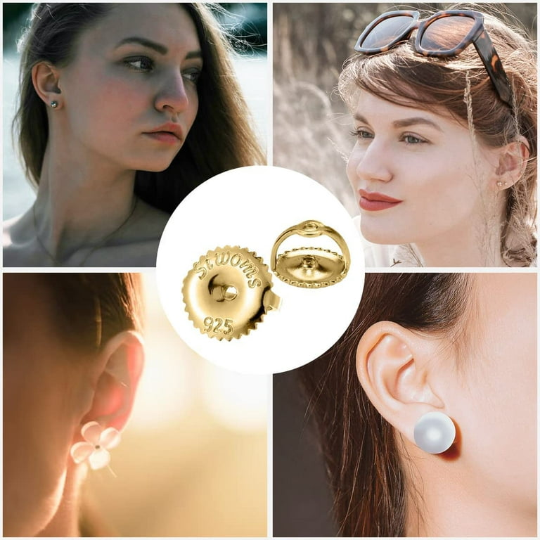 14K Gold Bullet Locking Earring Backs for Diamond Studs,925 Sterling Silver Hypoallergenic Replacements Backings for Pierced Earrings, Silver+Gold 2