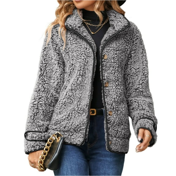 CharmCyan Women’s Button Down Sherpa Fleece Jacket with Lapel Collar and Long Sleeves for Casual Outdoor and Daily Wear Black L
