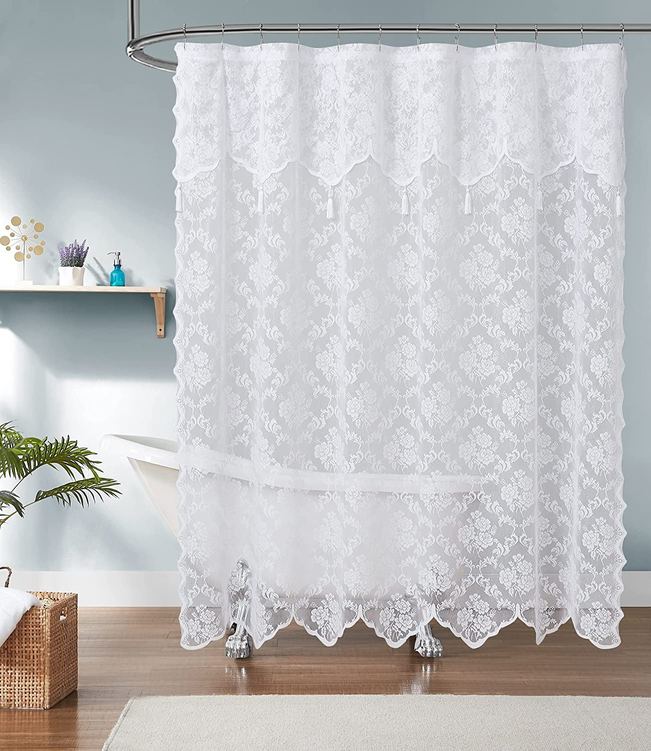 WARM HOME DESIGNS Luxury Lace Shower Curtain with Attached Valance and Elegant Tassels. MSH White 84
