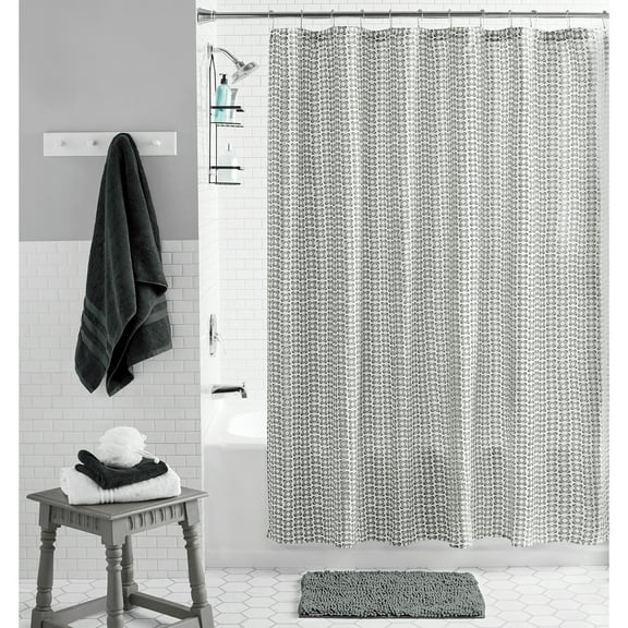 Mainstays Hanging Shower Caddy 15 Piece Set with Polyester Shower Curtain and Bath Rug