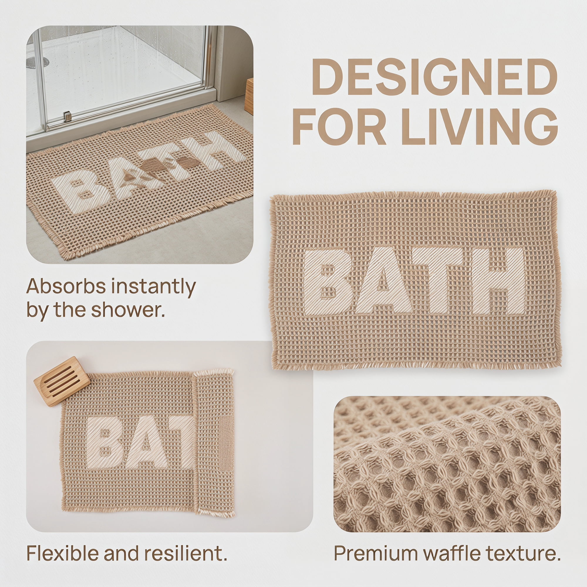 Unique Bargains Non Slip Washable Absorbent Quick Dry Waffle Bath Mat Khaki 24" x 17"
