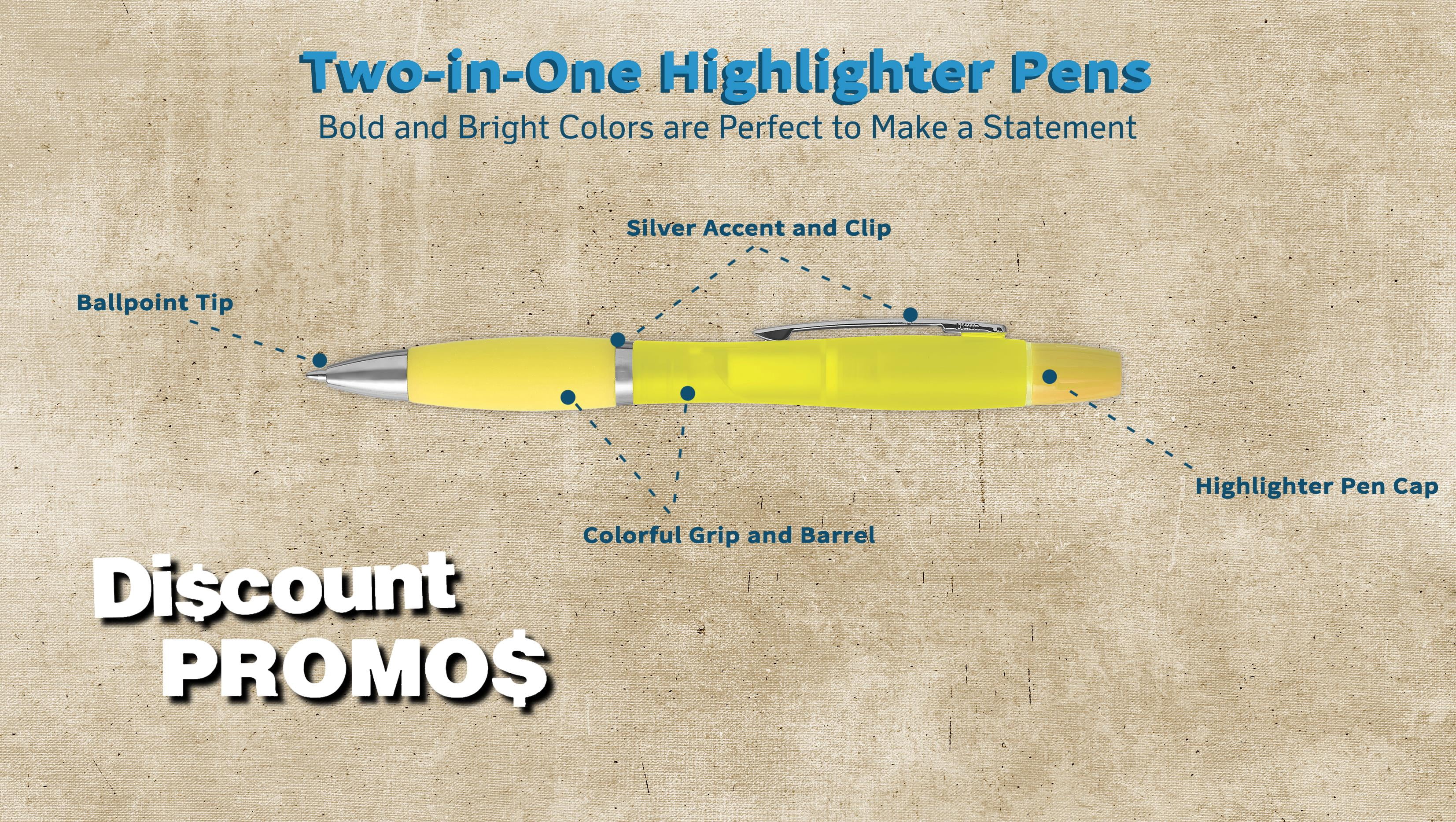 10 Two in one Highlighter Pens Pack - Ballpoint, Silver Accents - Yellow