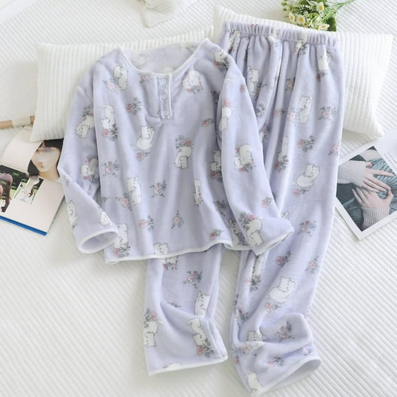 Zunfeo Womens 100% Polyester Pajama Set - Long Sleeve Full Length Pants, Cute Bear Floral Print, Purple, Elastic Waist, Soft Warm for Fall Winter Home Loungewear (M/L/XL),Size L