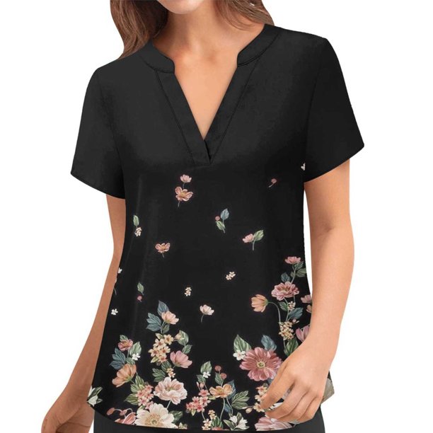 Tops de manga corta de uniforme de enfermería con estampado cruzado y cuello en V a la moda para mujer Fridja hjk3846