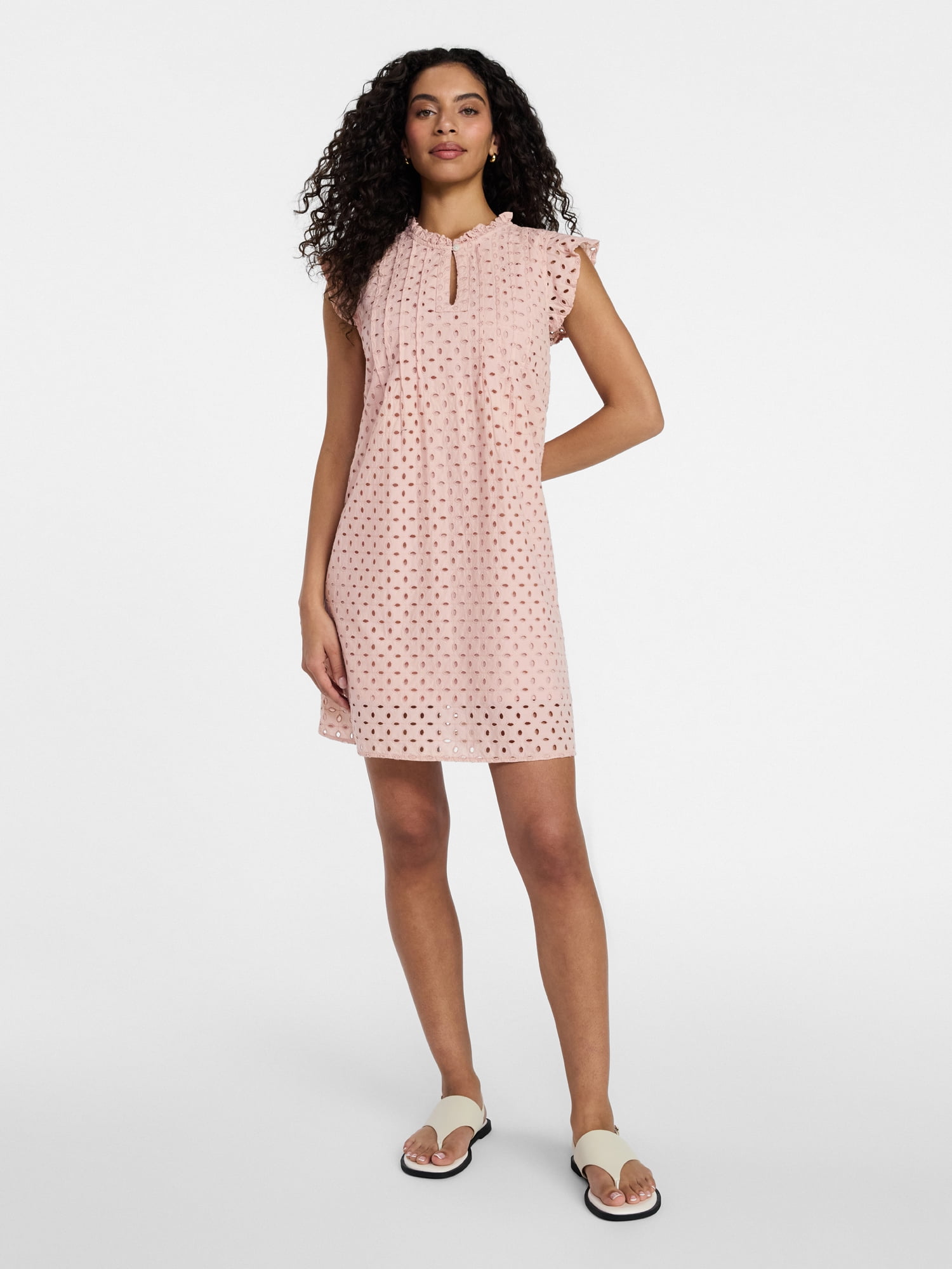 Time and Tru Women's Cotton Eyelet Mini Dress with Flutter Sleeves, Sizes XS-XXXL