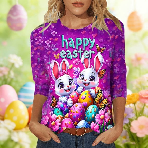 Odbmxy Graphic Womens Easter Tee 3/4 Sleeve Summer Ladies Tops Pink Loose Going Out Pullover Leisure Shirts