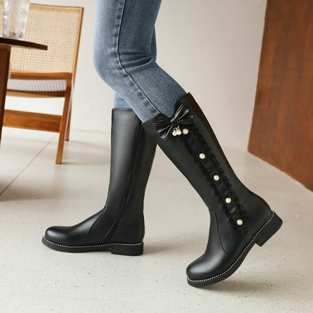 

Christmas Ladies Cute Fashion Bow Solid Color Flat Round Toe Square Heel Middle Long Student Style Boots