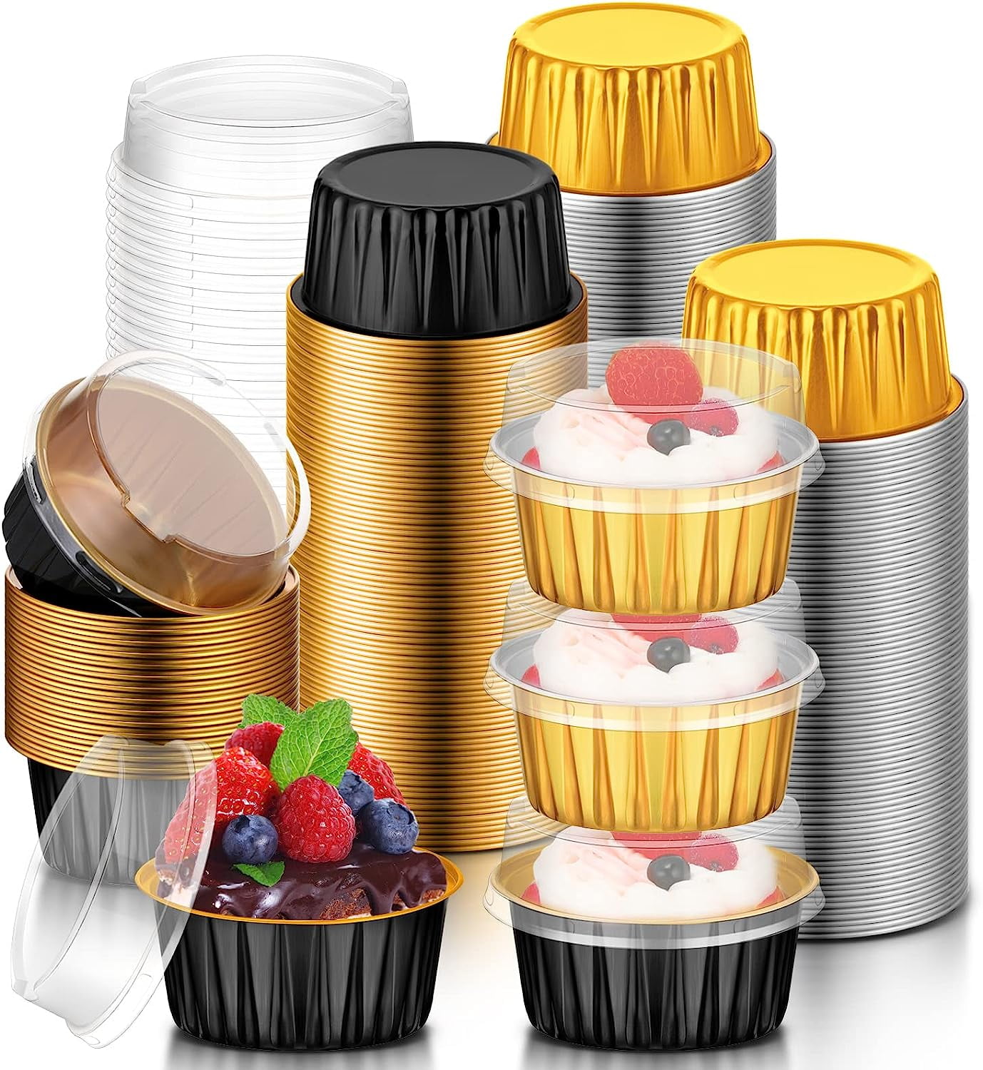 120 Pcs Aluminum Foil Baking Cups Mini Cake Pans with Lids 5 oz Cupcake Liners Disposable Muffin Tins Cupcake Wrappers Baking Foil Ramekins Pans Aluminum Cupcake Cups for Birthday Party (Black, Gold)