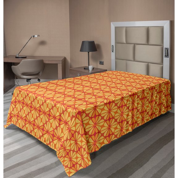 Ambesonne Orange Flat Sheet, Floral Modern Mosaic, Twin Size, Vermilion Orange