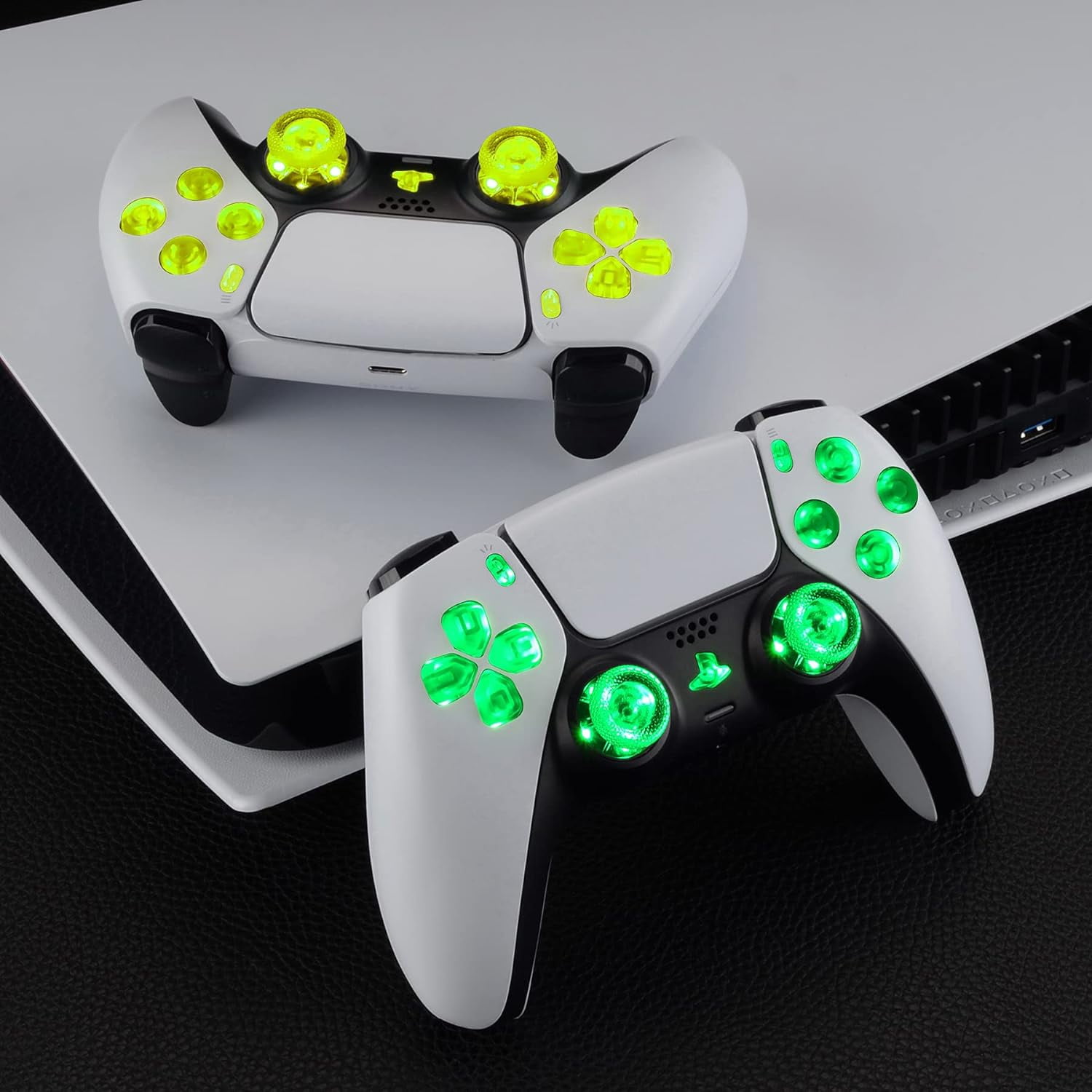 eXtremeRate Multi-Colors Luminated D-pad Thumbstick Share Option Home Face Buttons Clear Buttons 7 Colors 9 Modes DTF V3 LED Kit for ps5 Controller BDM-030/040