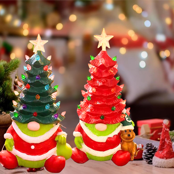 Christmas Decorations - 8 Inch Lighted Christmas Gnomes Decorations - Set of 2 Faceless Old Man Ceramic Christmas Tree - Small Mini Prelit Xmas Holiday Decor for Tabletop Home Fireplace Office(A B)
