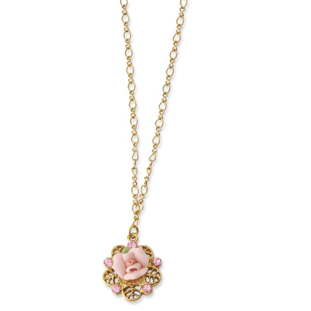 Collier en Porcelaine Dorée Rose & Cristal Rose 16 Pouces avec Rallonge 16 Pouces