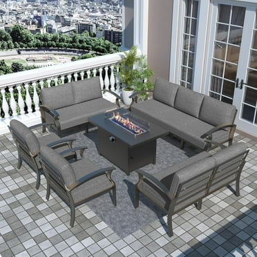 Gotland 9 Seats Outdoor Metal Patio Furniture Set with 55,000 BTU Gas Fire Pit Table w/Glass Wind Guard Patio Conversation Sectional Sofa Sets-Grey