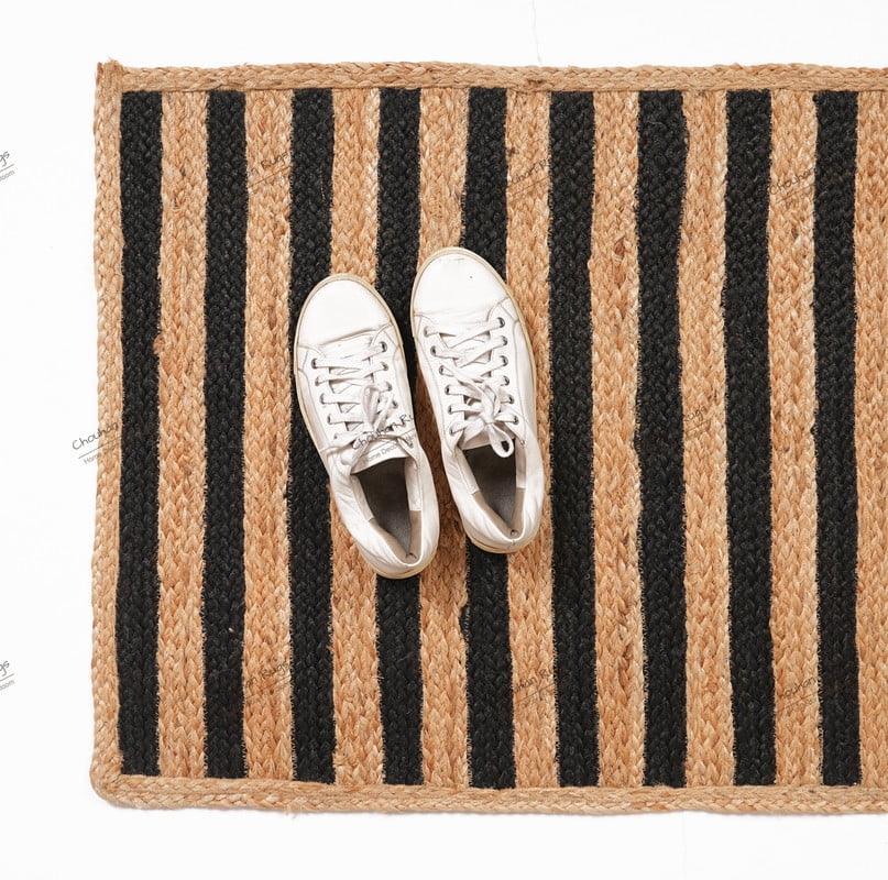 Rectangle Rug Natural Jute Rug Hand Braided Beige And Black Color Area Rug