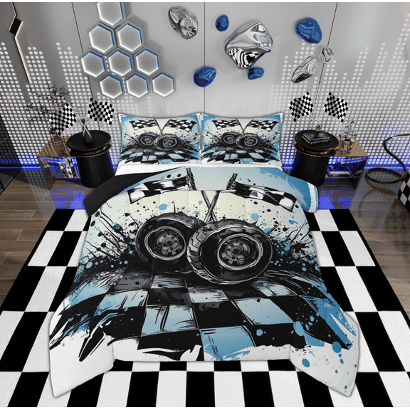 Feelyou Vintage Checkered Flag Bedding Comforter Set, Modern Sports Car Twin Comforter Sets, Teen Boy Girl Kid Reversible Bedding Set, Lightweight Room Decor, 2 Pieces