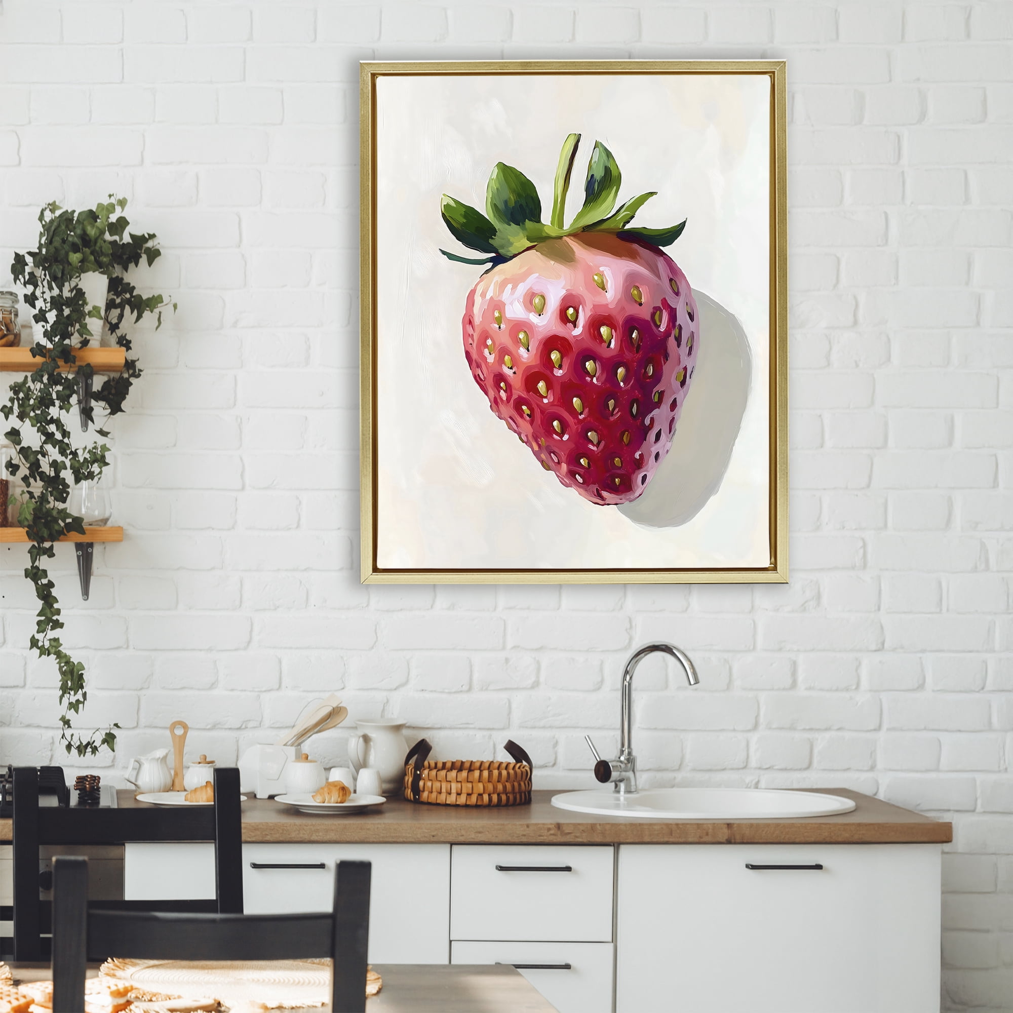 Stupell Industries Juicy Shine Strawberry Gold Framed Floater Canvas Wall Art, design by The Prints Vibe