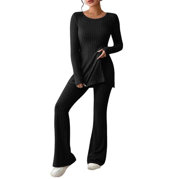 Chándal de punto de dos piezas para mujer: camiseta de cuello redondo y pantalones anchos, poliéster y spandex, bajo con abertura, conjunto informal a juego