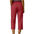 thumbnail image 4 of Ihhxva Women's Linen Pants Elastic Waist Straight Leg 3/4 Length Solid Color with Pockets Button Detail Side Slit Casual Summer Trousers - Red S, 4 of 6