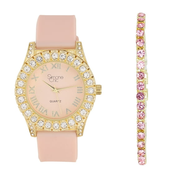 Women's Big Rocks Diamond Iced Out Crystals Bezel Colored Dial w/Easy Reader Roman Numerals Colorful Rubber Band Perfect Bling-ed Out Watch - ST10357LA (Gld Blush Pink -Pink Tennis)