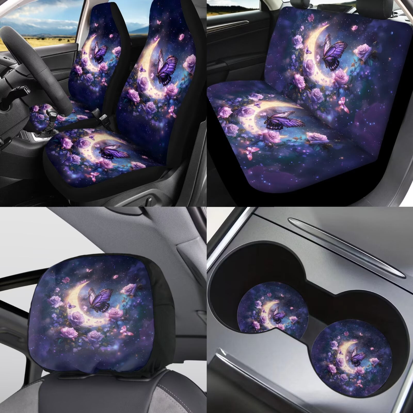 Jeiento Butterfly Moon 11 Pack Car Seat Covers for Women, Front Rear Seats Cover Keychain Headrest Cover Cup Coasters Handbrake Cover Gear Shift Cover Purple Automobile Interior Accessories