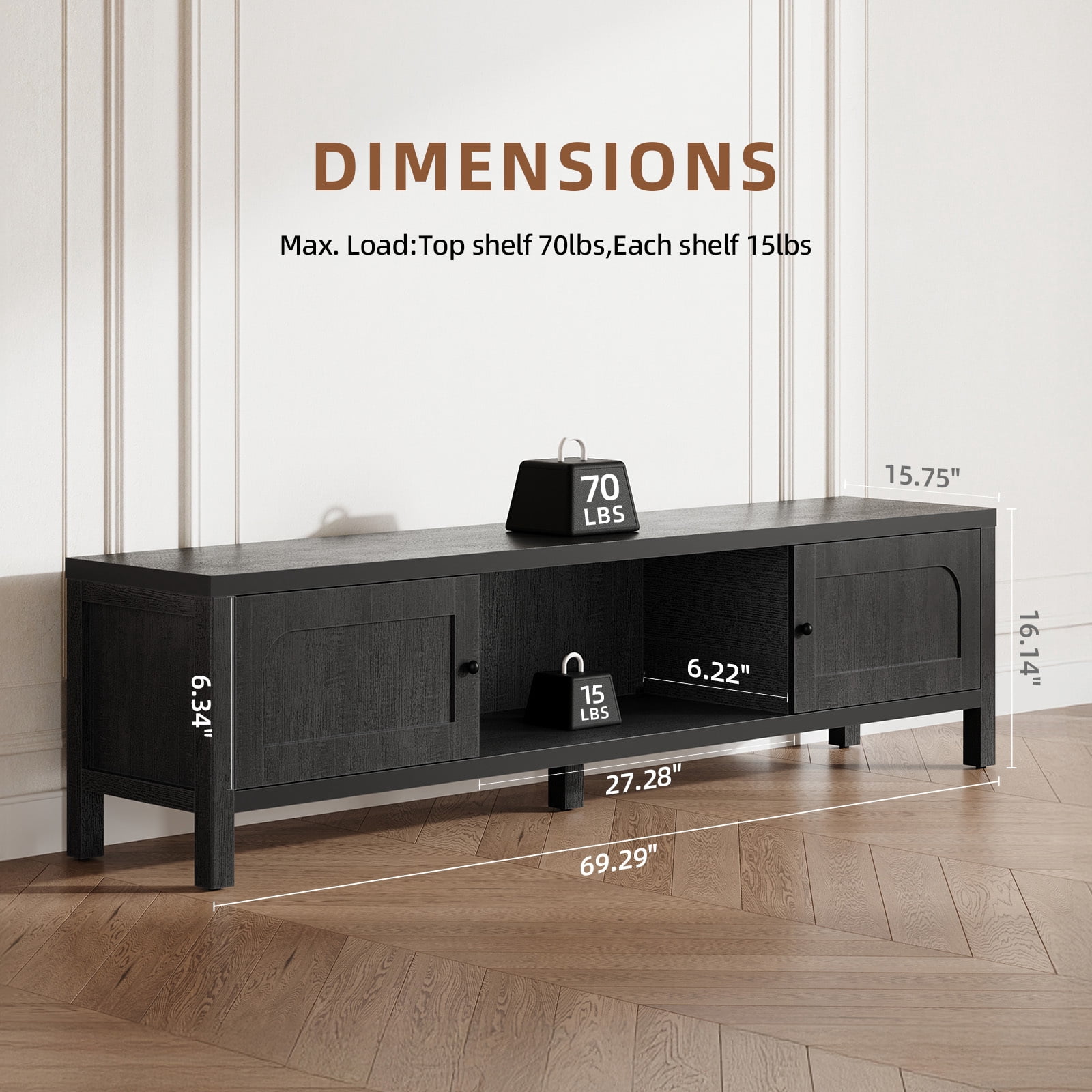 Furnibear 70" Modern TV Stands for 65 70 Inches TV, Media Console, with TV Entertainment Center with Cabinet Storage for Bedroom Living Room,Black