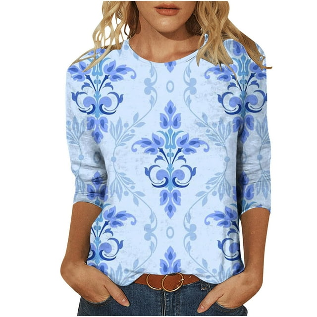 KIHOUT Chemises de Printemps pour Femmes T-shirt Ample Imprimé pour Dames Blouse à Manches 3/4 Col Rond Hauts Décontractés