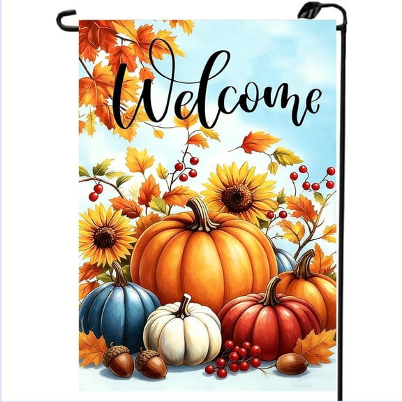 Fall Welcome Garden Flags for Outside 12x18 Double Sided Burlap | Autumn Seasonal Colorful Pumpkin Sunflowers Thanksgiving Garden Flag,Small Decorative Outdoor Fall Decorations for Yard Lawn