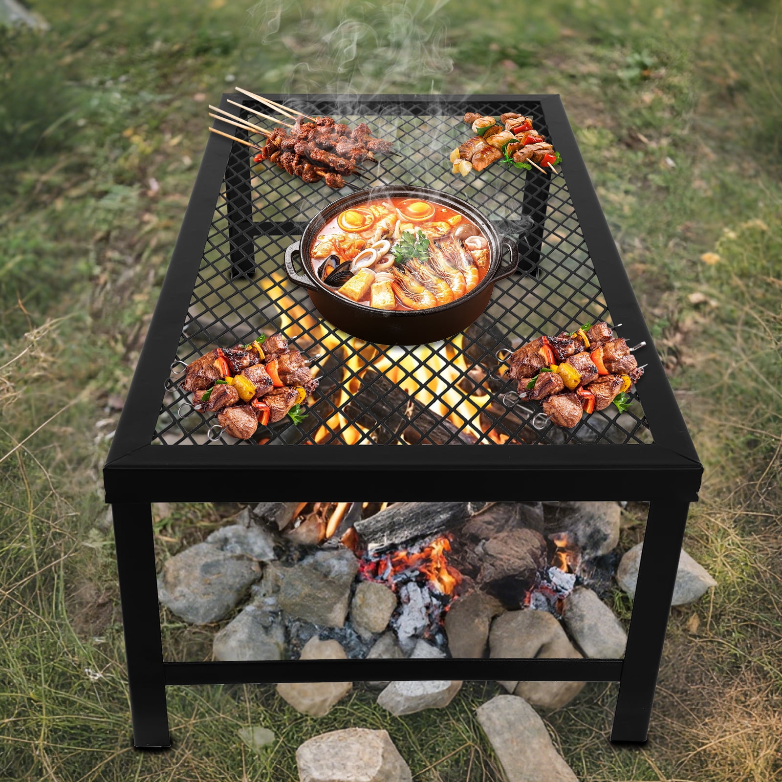 Folding Campfire Grill For Outdoor Cooking, Portable BBQ Grill With Heavy Duty Iron Construction, 44 Lbs Capacity, Easy Carry, Black