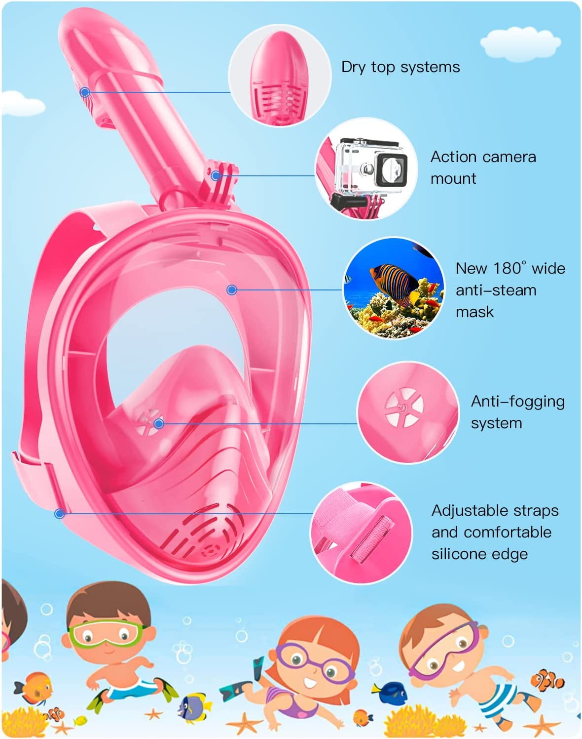 Gintenco Full Face Snorkeling Mask, kids Dive Mask with Innovative Leakage Protection System, 180 Panoramic Snorkeling Gear with Removable Camera Mount Pink