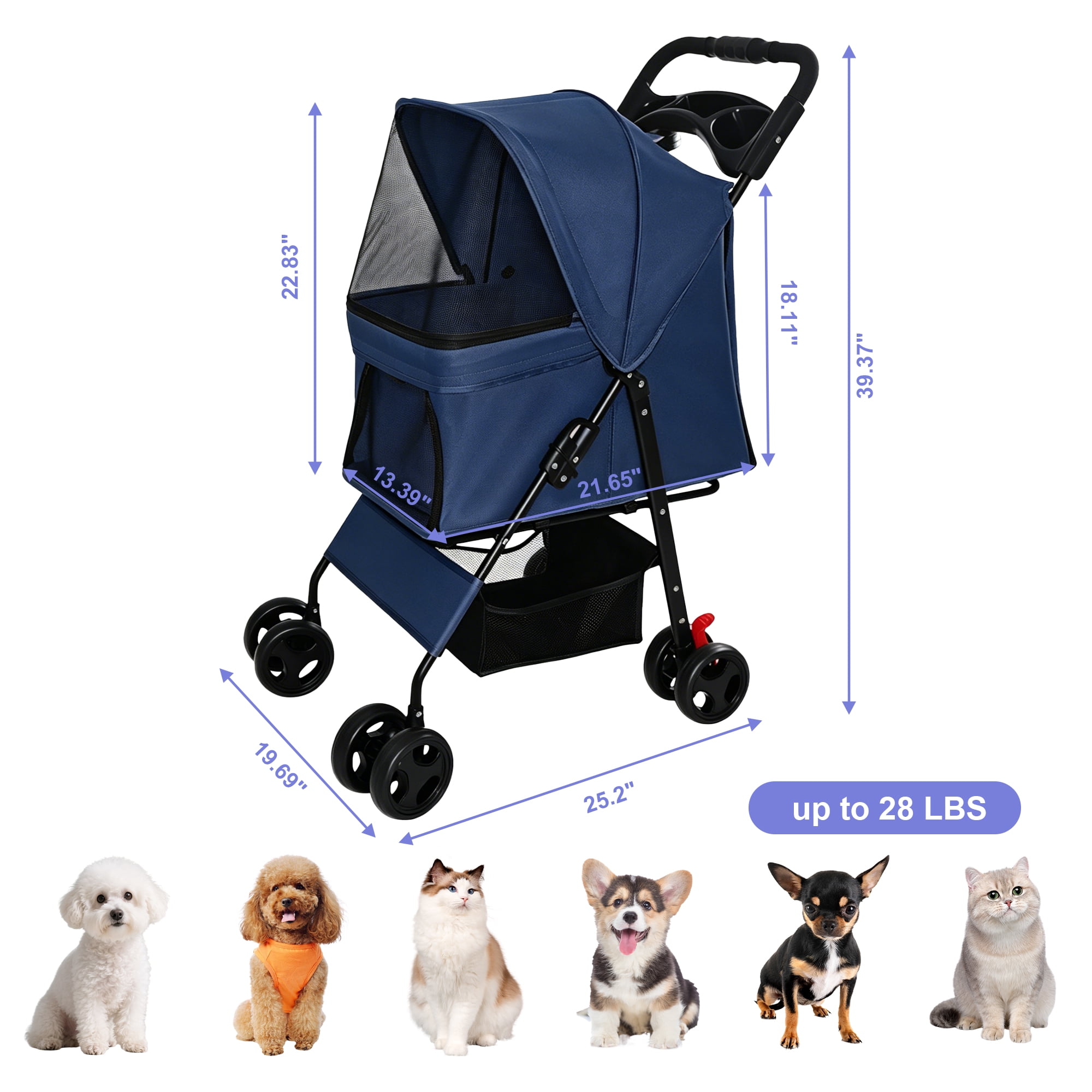 One-Click Foldable Blue Pet Stroller for Small Dogs & Cats, Holds Up to 28 LBS, Breathable Mesh, 360° Swivel Lockable Wheels, Storage Tray & Basket for Walks Vet Travel